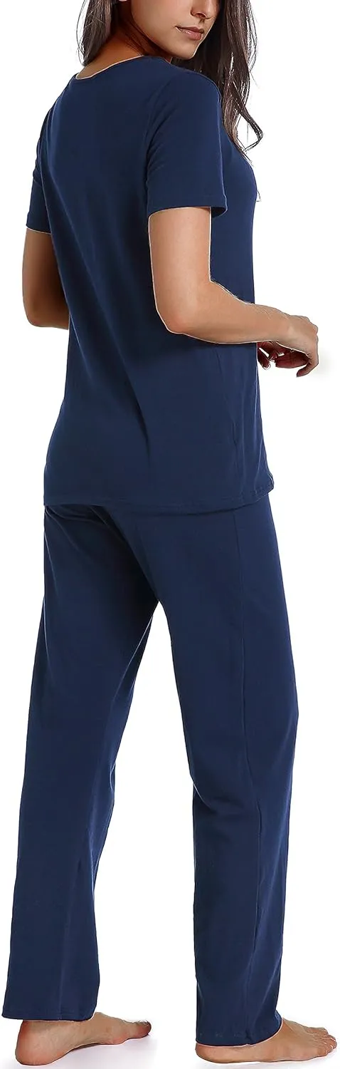 Cotton Pajamas for Women Two Piece Pajama Set Short Sleeve V-neck Tops with Long Pants