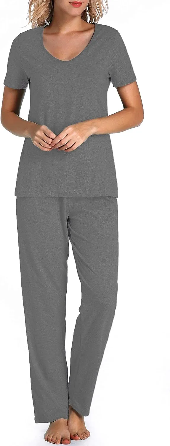 Cotton Pajamas for Women Two Piece Pajama Set Short Sleeve V-neck Tops with Long Pants
