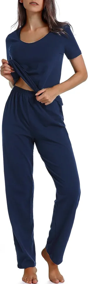 Cotton Pajamas for Women Two Piece Pajama Set Short Sleeve V-neck Tops with Long Pants
