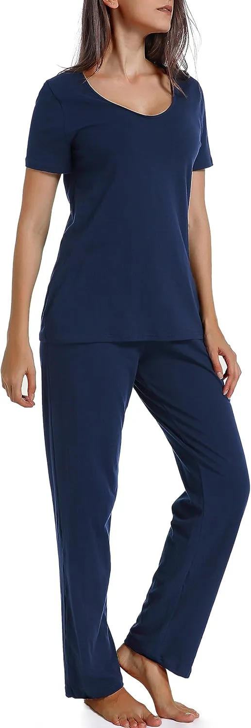 Cotton Pajamas for Women Two Piece Pajama Set Short Sleeve V-neck Tops with Long Pants