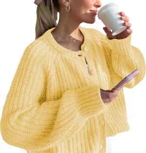 Crochet Cardigan Sweaters for Women Tops Chunky Knitted Crew Neck Long Sleeve Button Down Jackets Open Front Coat