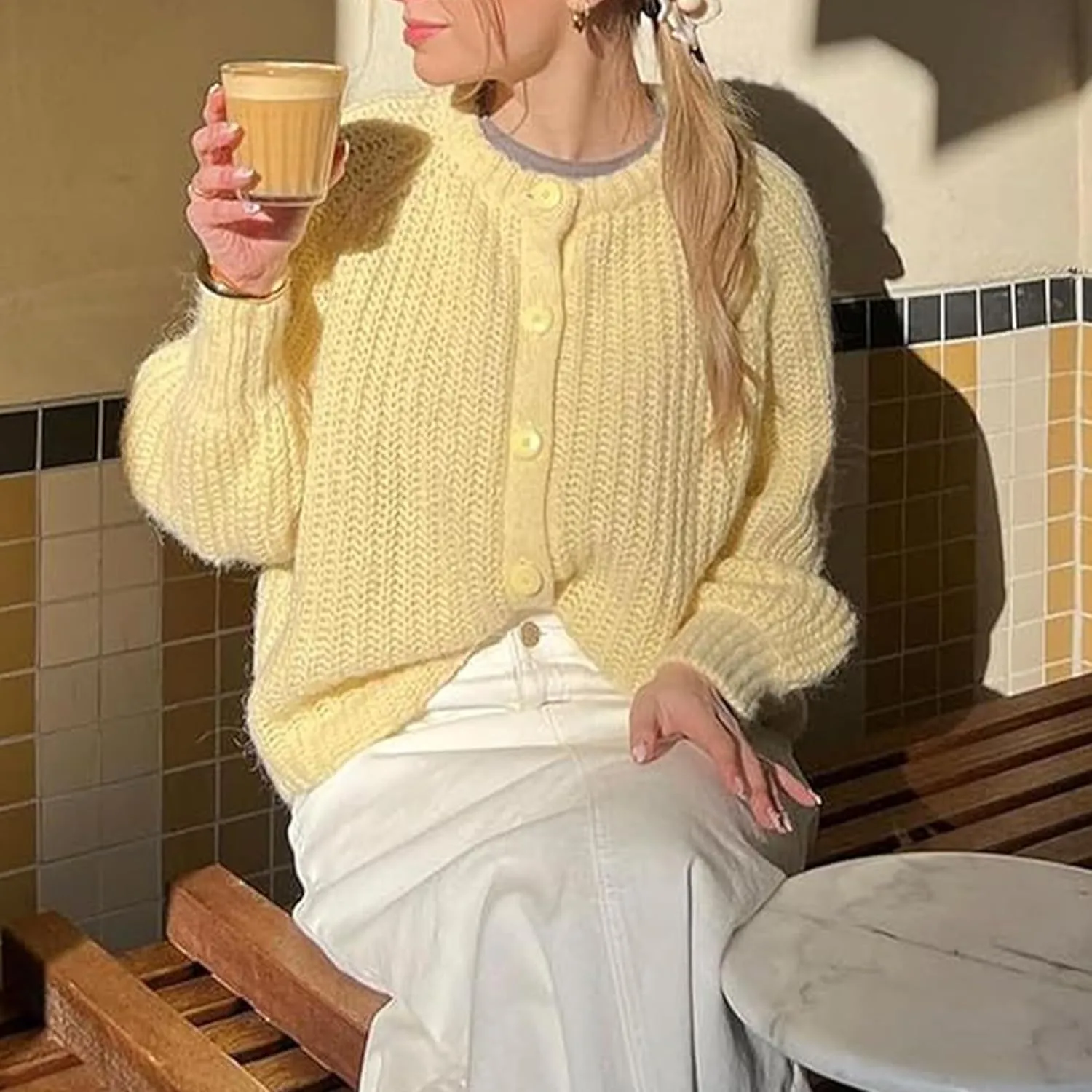 Crochet Cardigan Sweaters for Women Tops Chunky Knitted Crew Neck Long Sleeve Button Down Jackets Open Front Coat