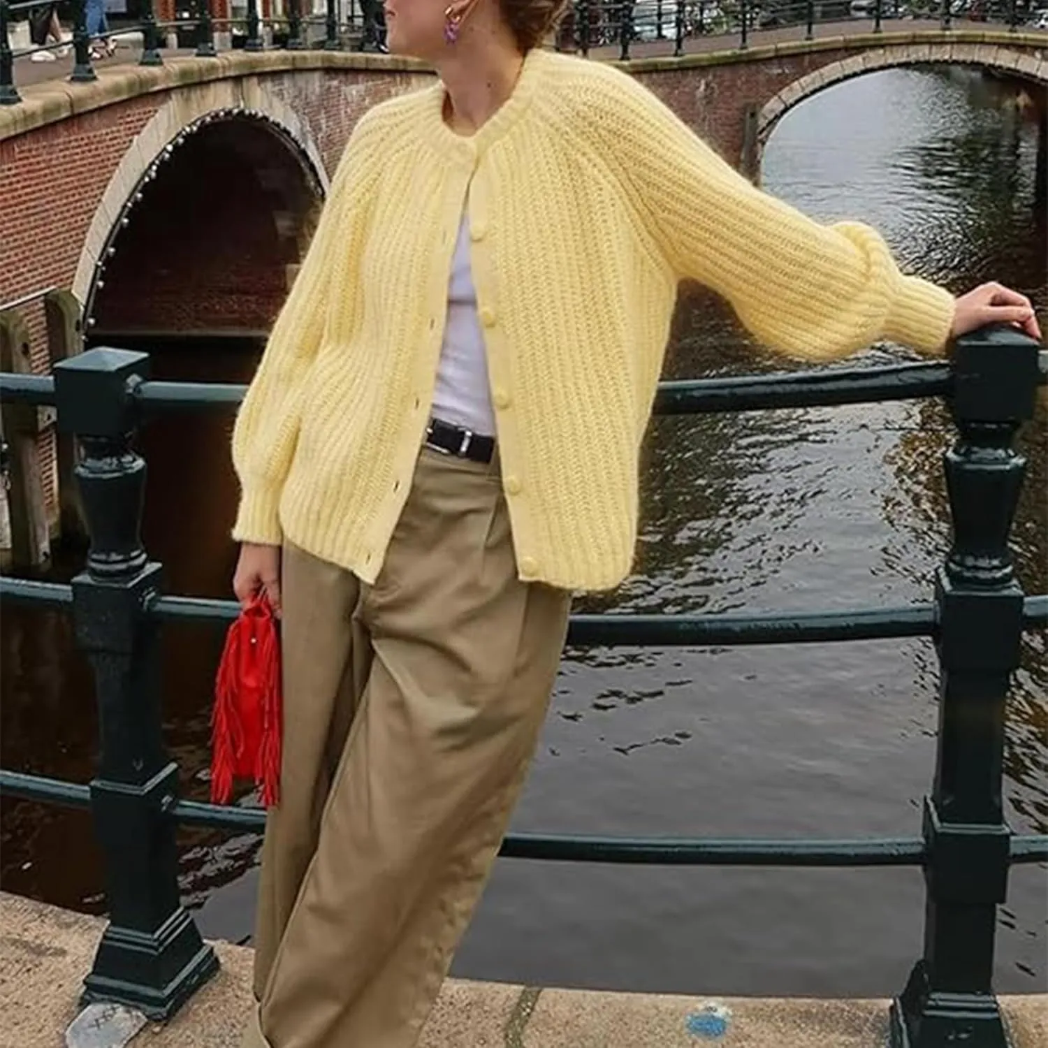 Crochet Cardigan Sweaters for Women Tops Chunky Knitted Crew Neck Long Sleeve Button Down Jackets Open Front Coat