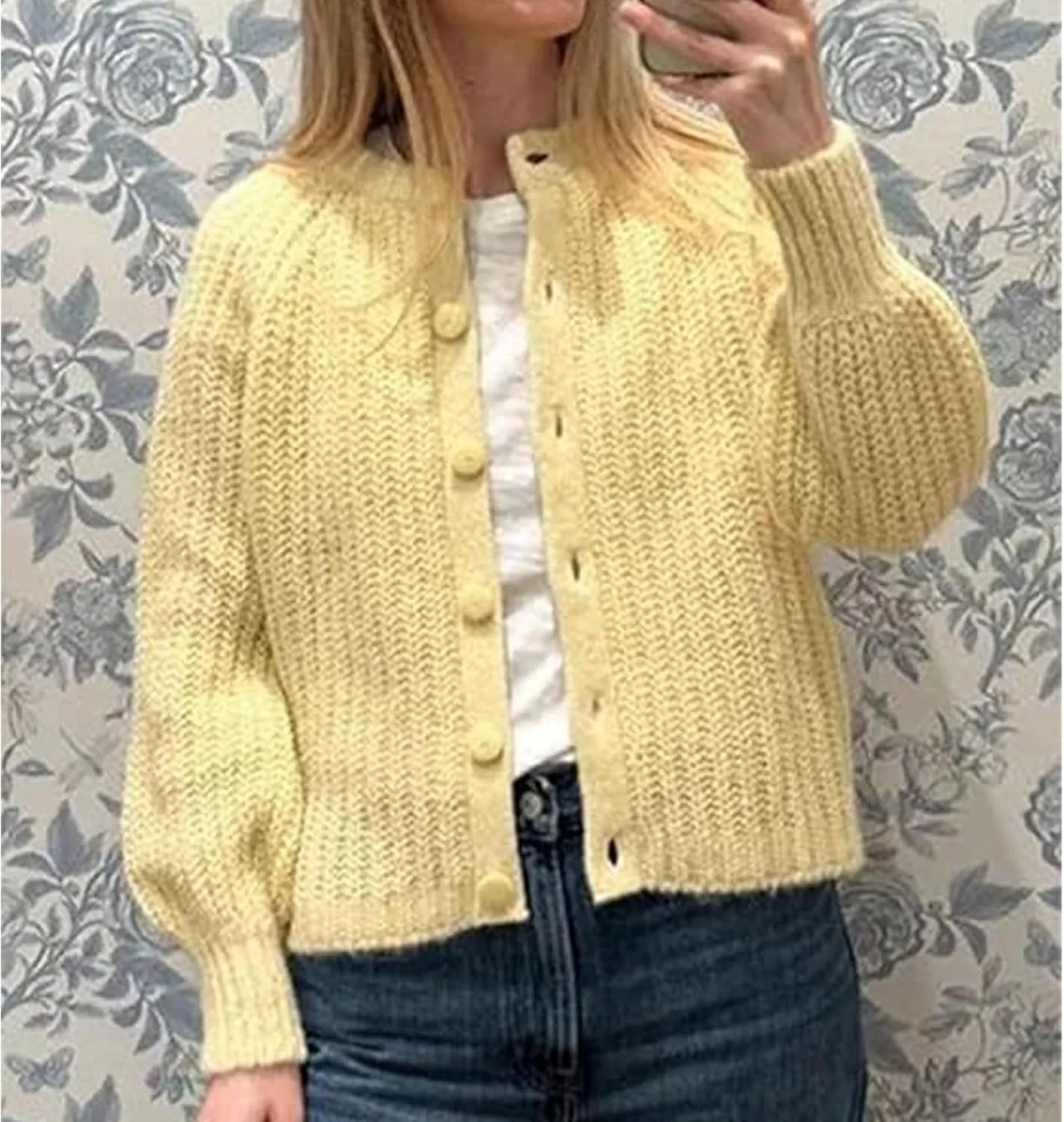Crochet Cardigan Sweaters for Women Tops Chunky Knitted Crew Neck Long Sleeve Button Down Jackets Open Front Coat