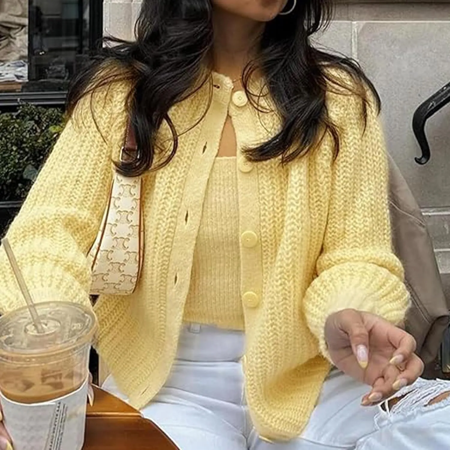 Crochet Cardigan Sweaters for Women Tops Chunky Knitted Crew Neck Long Sleeve Button Down Jackets Open Front Coat