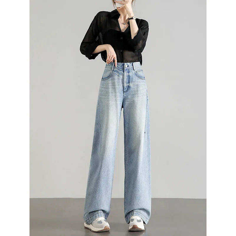 Customized new light-colored straight jeans high-waisted loose retro pure cotton high-quality jeans women