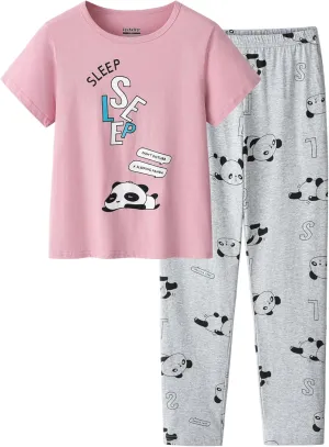 CYCHELRY Big Girls Pajamas Lovely 2PCS Soft Cartoon Short Sleeve with Pants Sleepwear Teens PJS Clothes Size 6-16