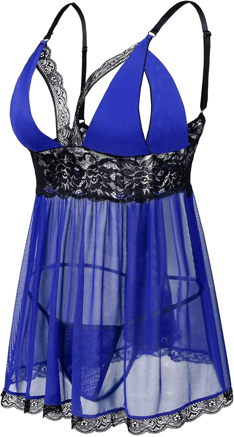 Donnalla Women Plus Size Lingerie - Sexy Split Cup Lace Babydoll Sleepwear Chemise Set 2XL,3XL,4XL
