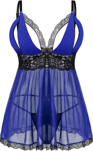 Donnalla Women Plus Size Lingerie - Sexy Split Cup Lace Babydoll Sleepwear Chemise Set 2XL,3XL,4XL