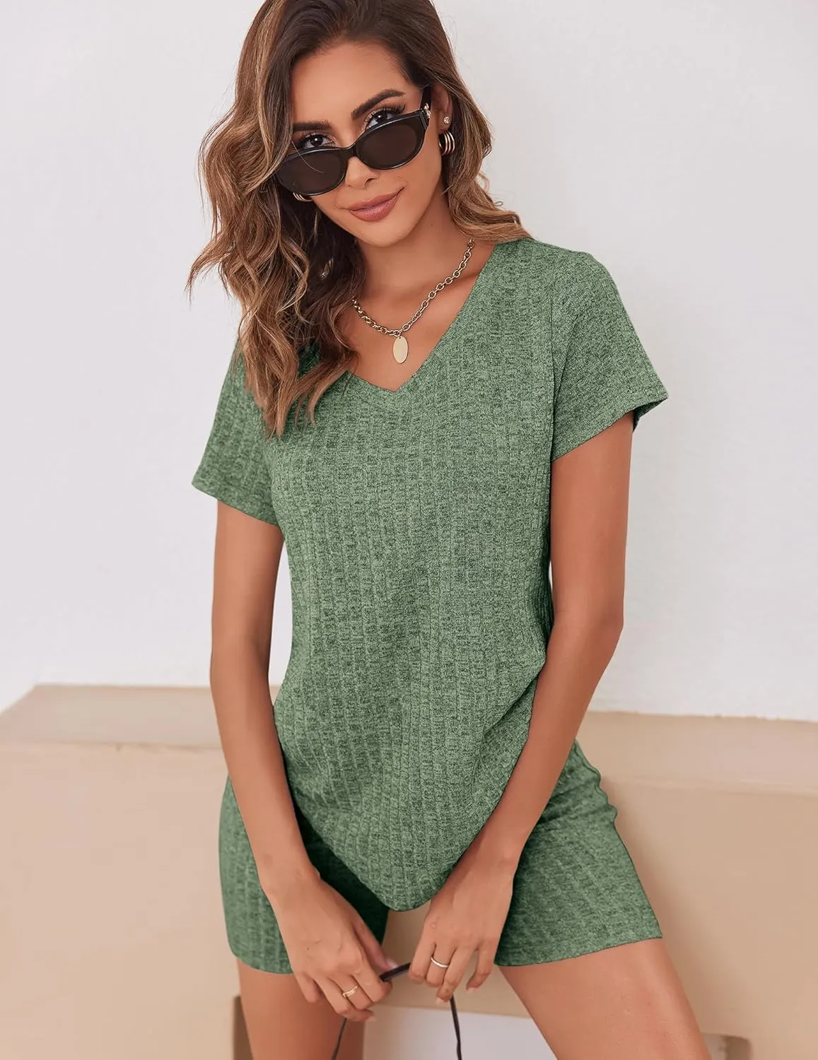 Ekouaer Biker Short Sets Women 2 Piece Outfits Ribbed Pajama Short Sleeve Workout Set