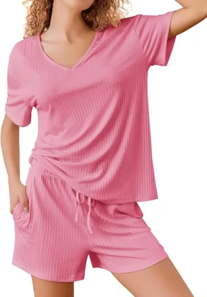 Ekouaer Lounge Sets for Women 2 Piece Ribbed Knit Pajamas Short Sleeve Pj Tops and Shorts Sleepwear Casual Outfits Set