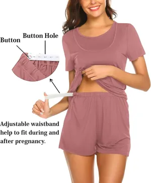 Ekouaer Maternity Nursing Pajamas Set Short Sleeve Breastfeeding Sleepwear Double Layer Postpartum Top and Shorts Set