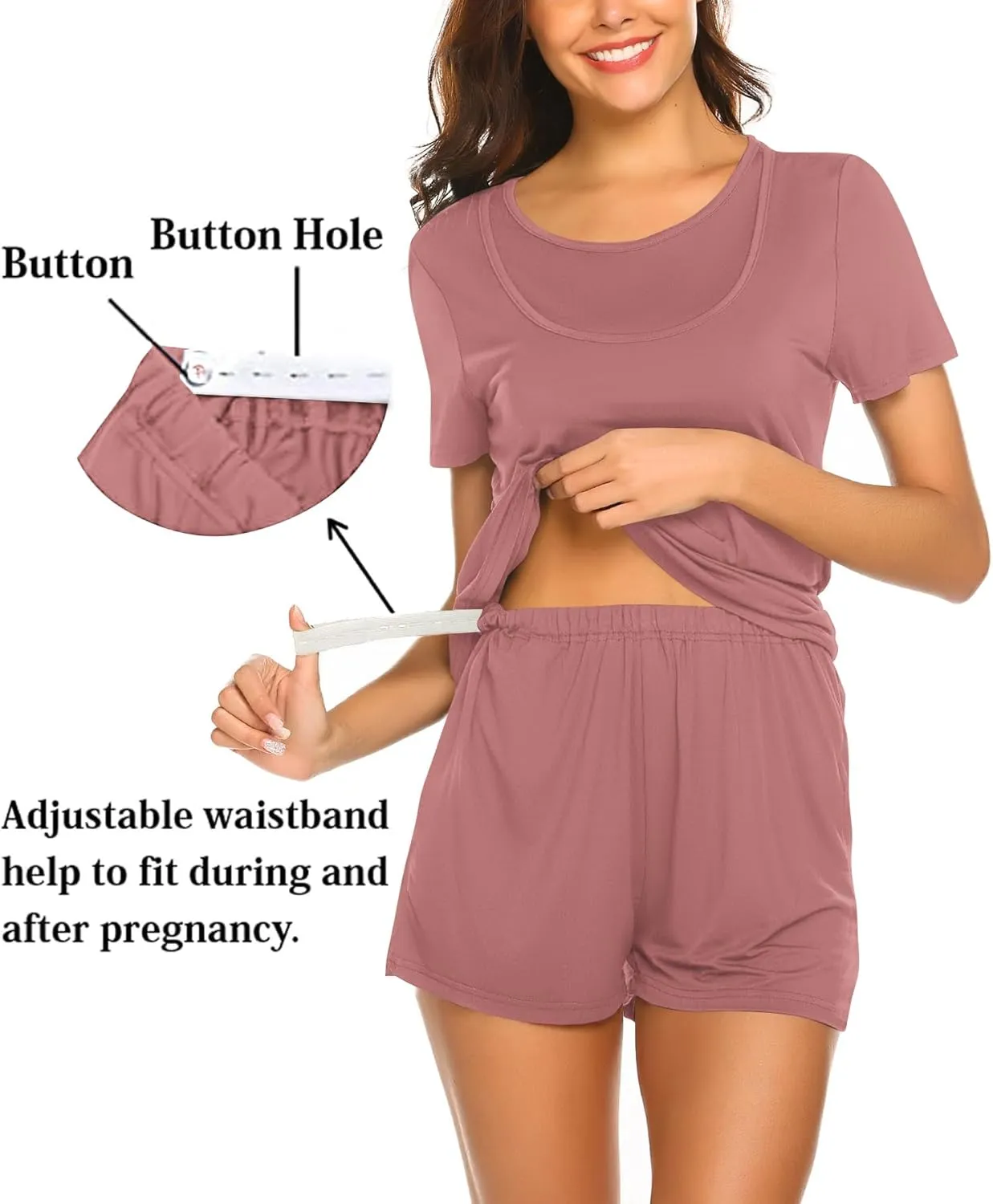 Ekouaer Maternity Nursing Pajamas Set Short Sleeve Breastfeeding Sleepwear Double Layer Postpartum Top and Shorts Set