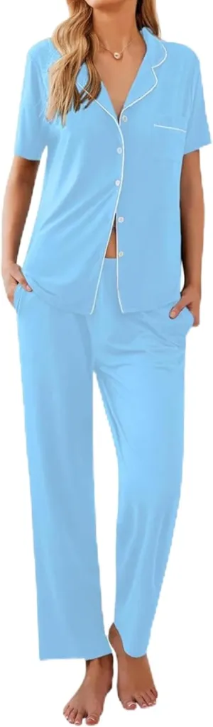 Ekouaer Women Pajamas Set Button Down Sleepwear Short Sleeve Nightwear with Long Pants Soft Pjs Set S-XXL