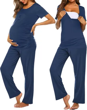 Ekouaer Women's Maternity Nursing Pajamas Sets Breastfeeding Printed Sleepwear Short Sleeve 2 Pcs Henley Top and Pants Set