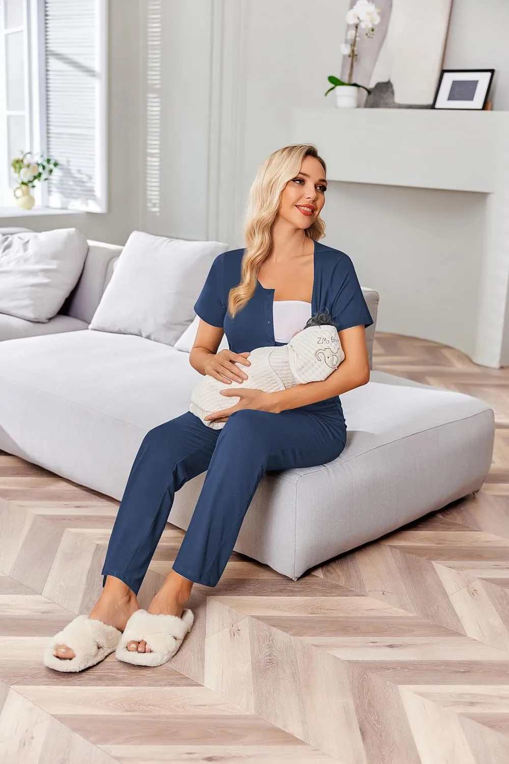 Ekouaer Women's Maternity Nursing Pajamas Sets Breastfeeding Printed Sleepwear Short Sleeve 2 Pcs Henley Top and Pants Set