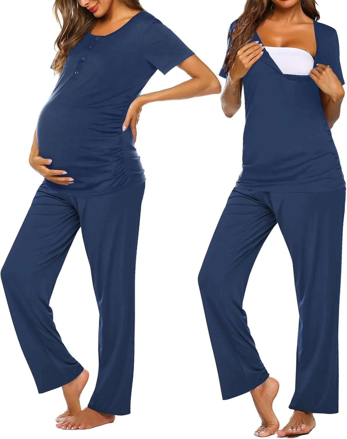 Ekouaer Women's Maternity Nursing Pajamas Sets Breastfeeding Printed Sleepwear Short Sleeve 2 Pcs Henley Top and Pants Set