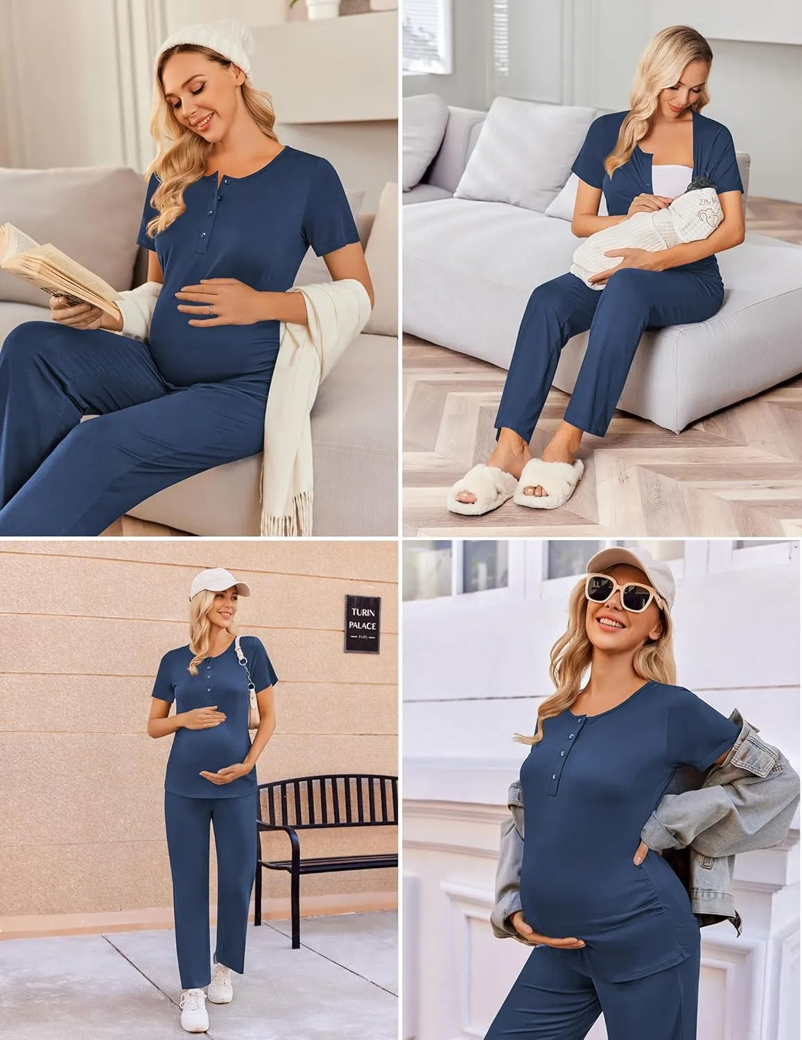 Ekouaer Women's Maternity Nursing Pajamas Sets Breastfeeding Printed Sleepwear Short Sleeve 2 Pcs Henley Top and Pants Set