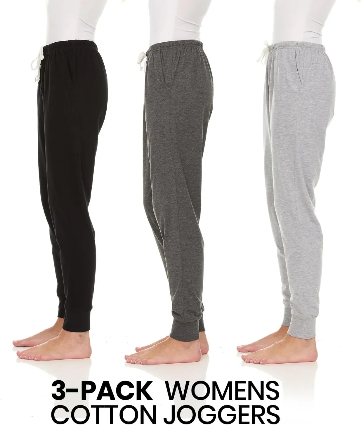 Essential Elements 3 Pack: Womens Cotton Joggers - 100% Cotton Lounge Athletic Casual Sleep Casual Pajama PJ Pants Sweatpants