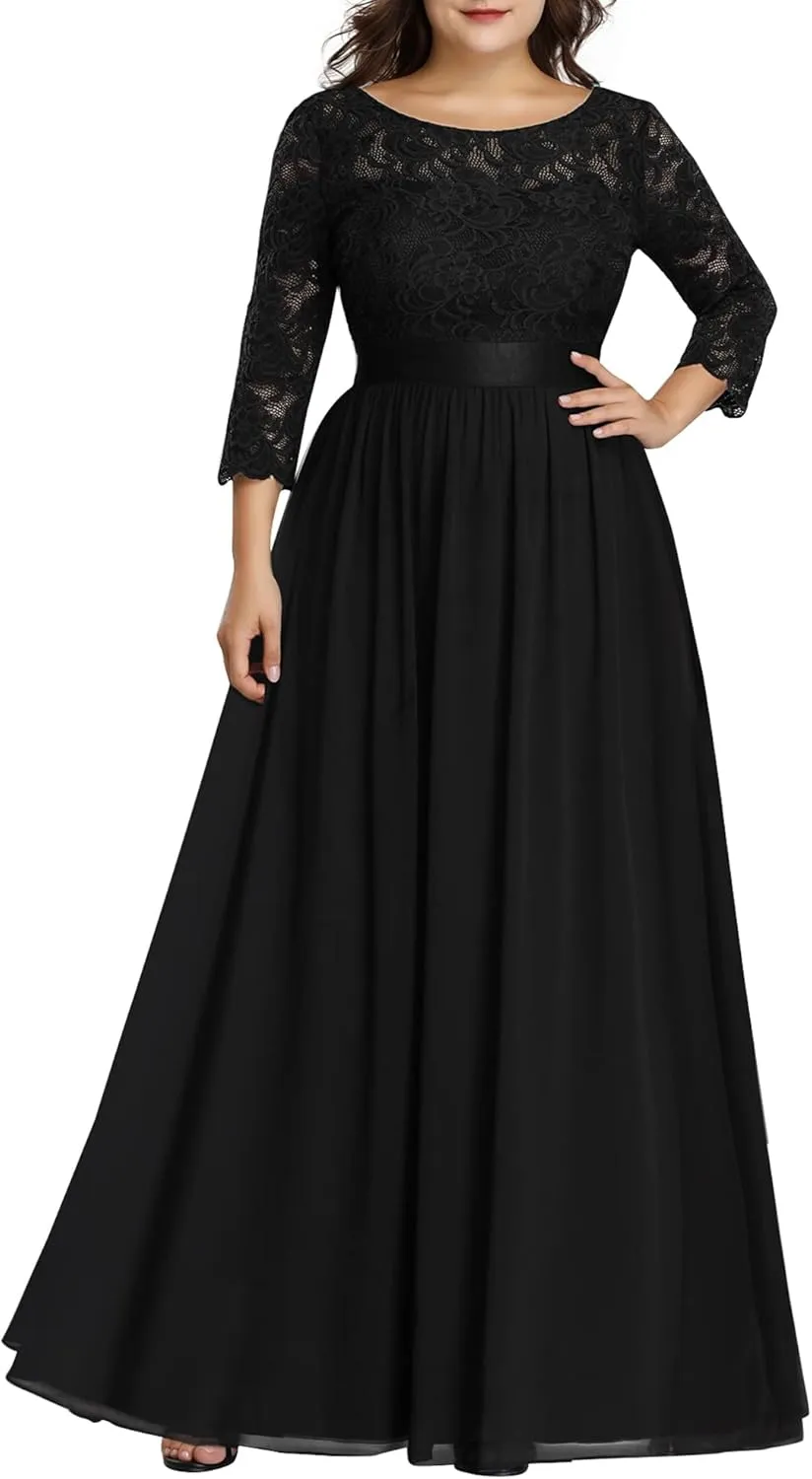 Ever-Pretty Women's Plus Size A-Line 3/4 Lace Sleeves Chiffon Long Maxi Formal Mother of The Bride Dresses 7412-PZ