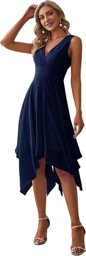 Ever-Pretty Women's V Neck Pleated Waist Sleeveless Wedding Guest Dress Chiffon Irregular Hem Cocktail Dresses 03142