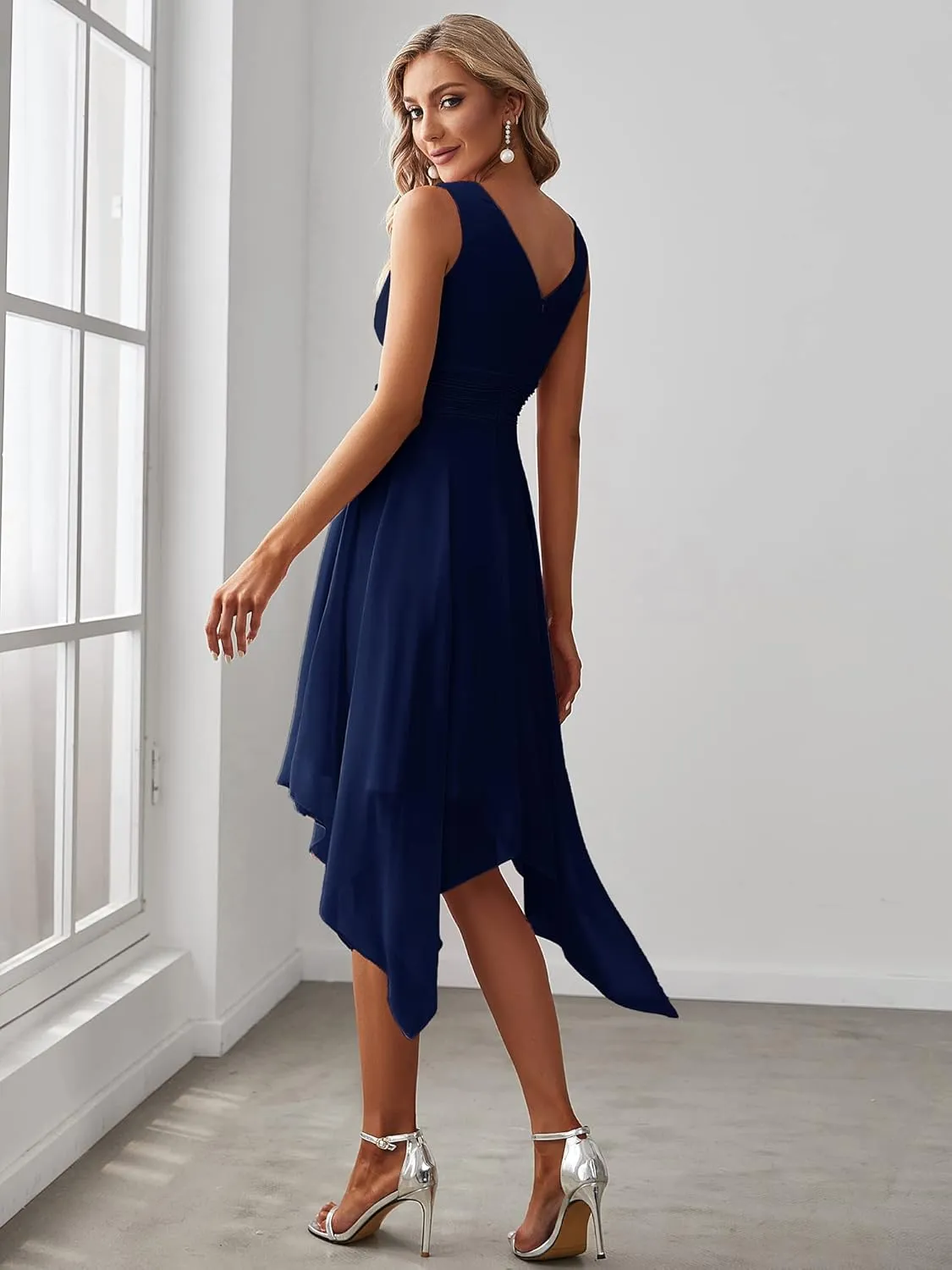 Ever-Pretty Women's V Neck Pleated Waist Sleeveless Wedding Guest Dress Chiffon Irregular Hem Cocktail Dresses 03142