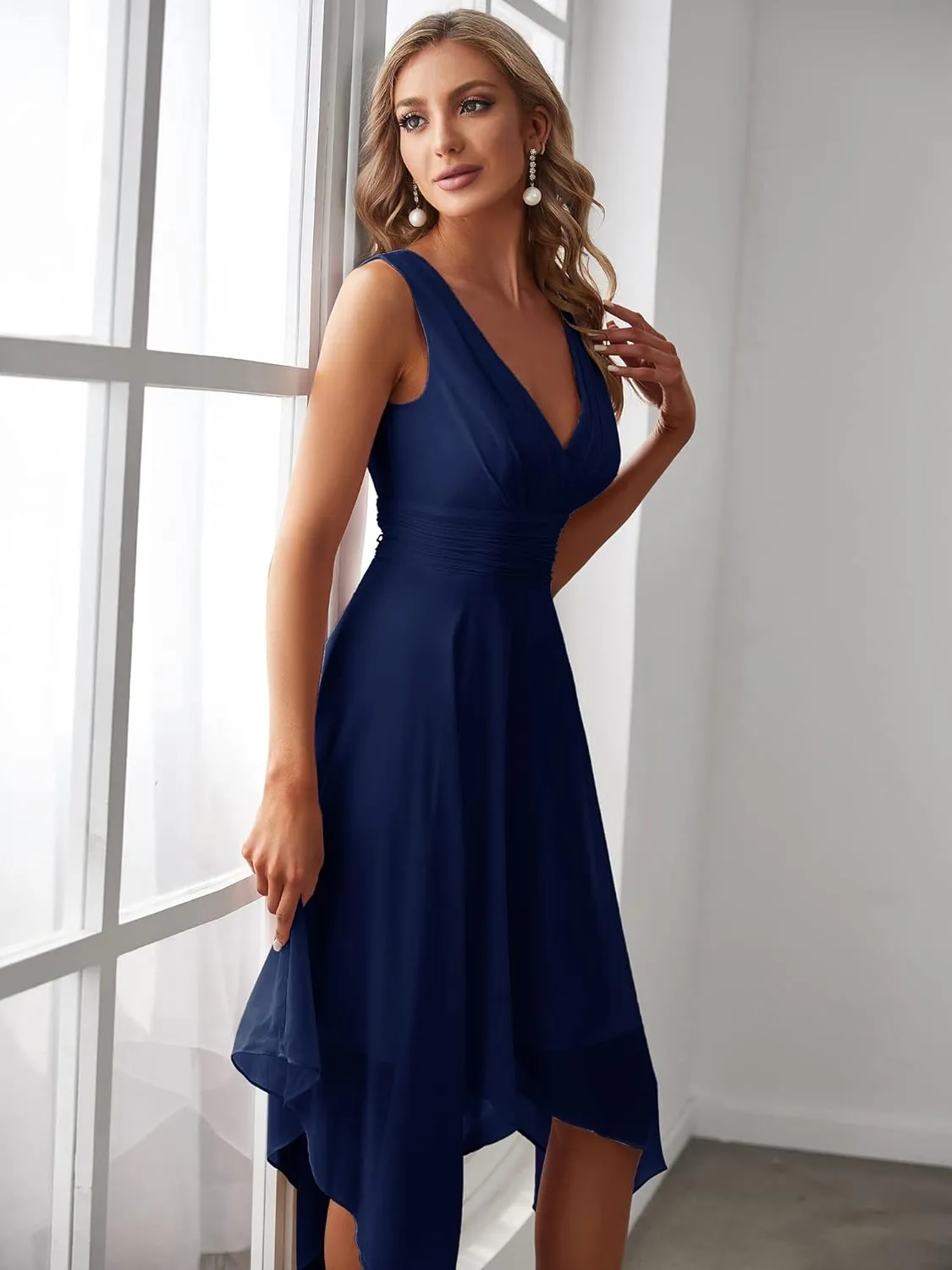Ever-Pretty Women's V Neck Pleated Waist Sleeveless Wedding Guest Dress Chiffon Irregular Hem Cocktail Dresses 03142