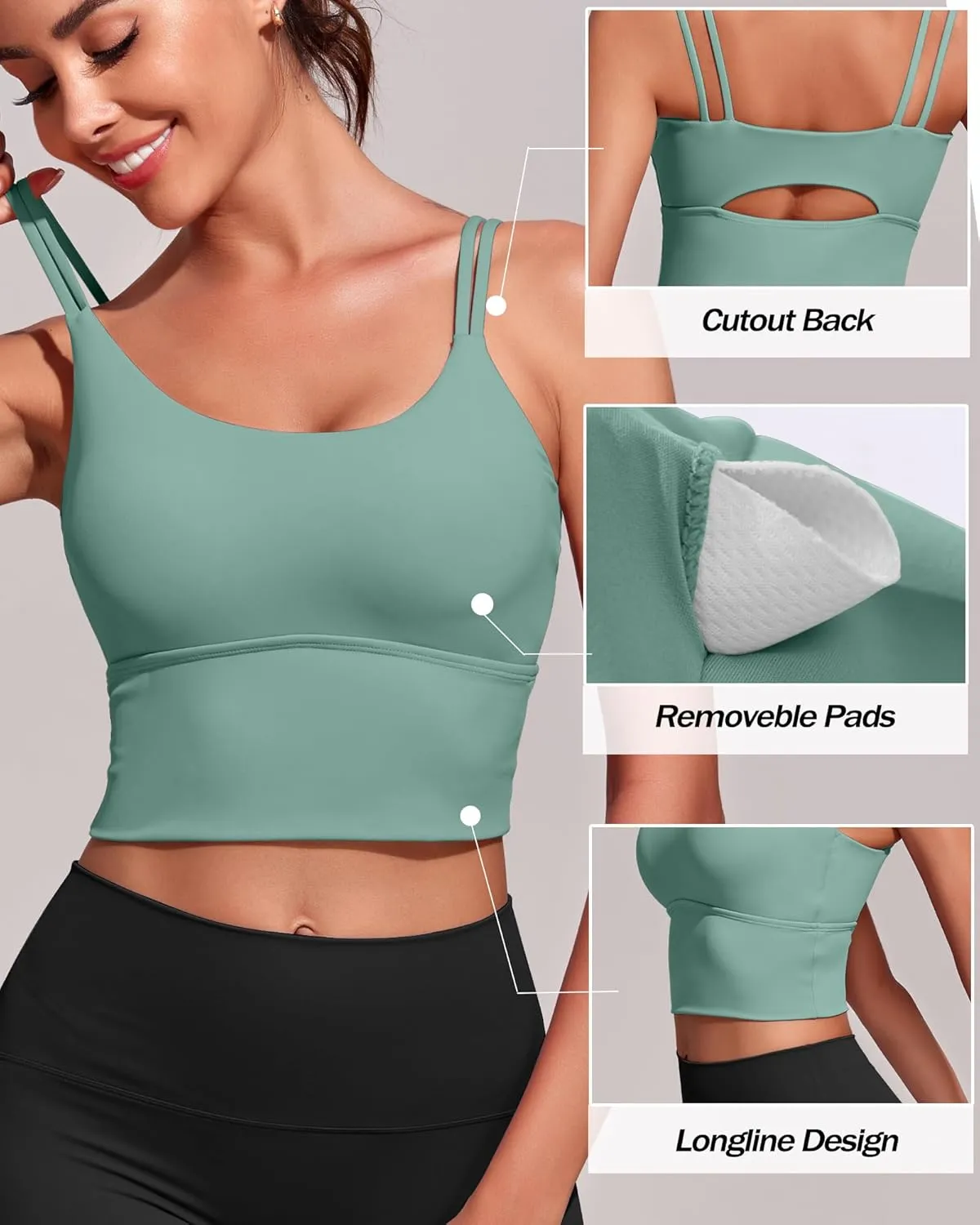 Everrysea Sports Bras for Women High Support Longline Workout Tank Tops Built in Bra Strappy Yoga Padded Crop Top