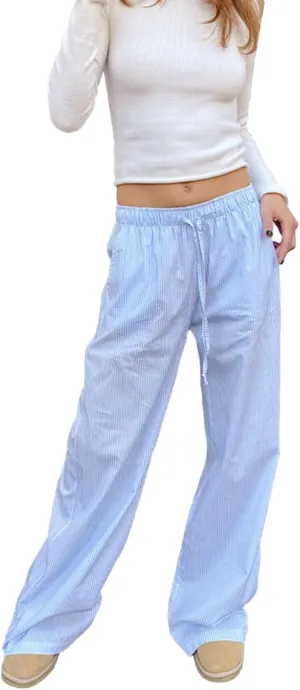 Faretumiya Striped Long Pants Women Elastic Straight Wide Leg Pants Y2k Causal Lounge Drawstring Stripe Trousers Pajama Pant