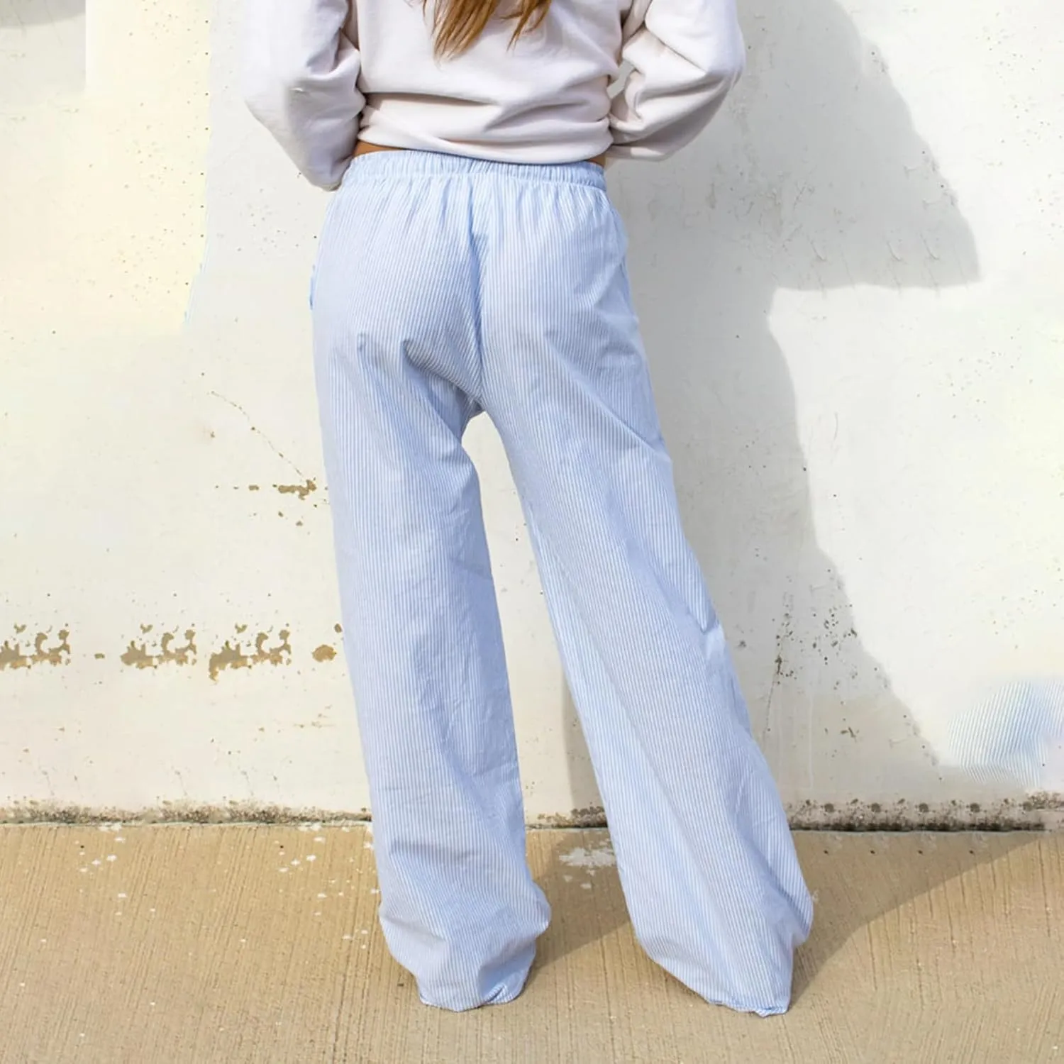 Faretumiya Striped Long Pants Women Elastic Straight Wide Leg Pants Y2k Causal Lounge Drawstring Stripe Trousers Pajama Pant
