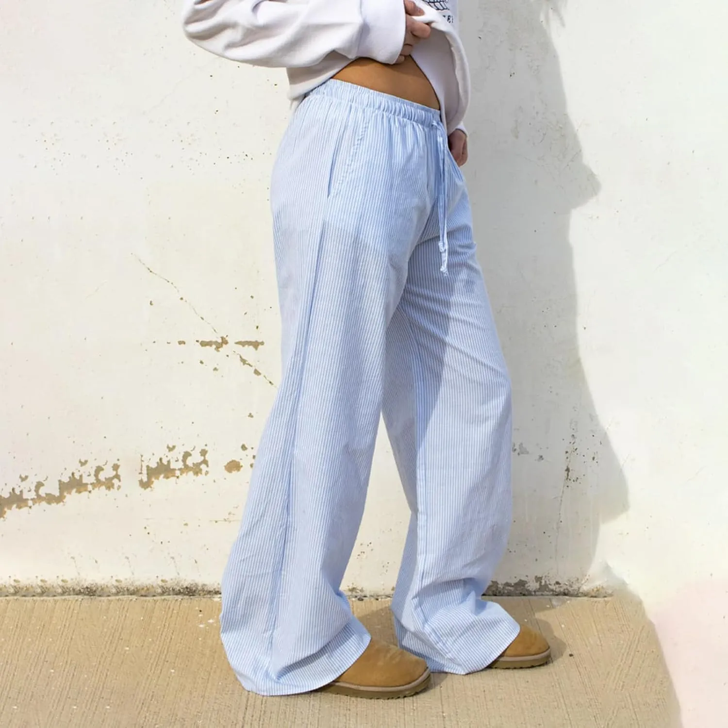 Faretumiya Striped Long Pants Women Elastic Straight Wide Leg Pants Y2k Causal Lounge Drawstring Stripe Trousers Pajama Pant