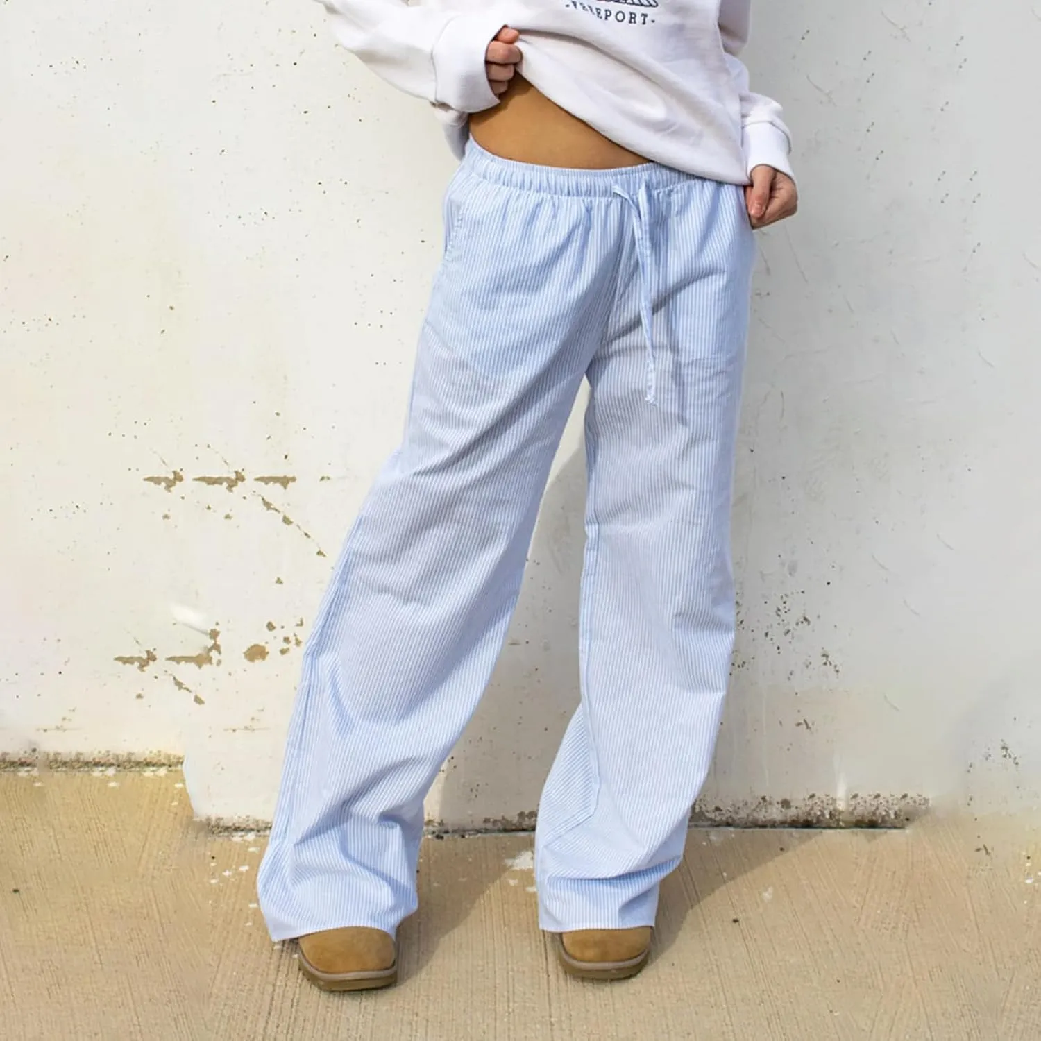 Faretumiya Striped Long Pants Women Elastic Straight Wide Leg Pants Y2k Causal Lounge Drawstring Stripe Trousers Pajama Pant