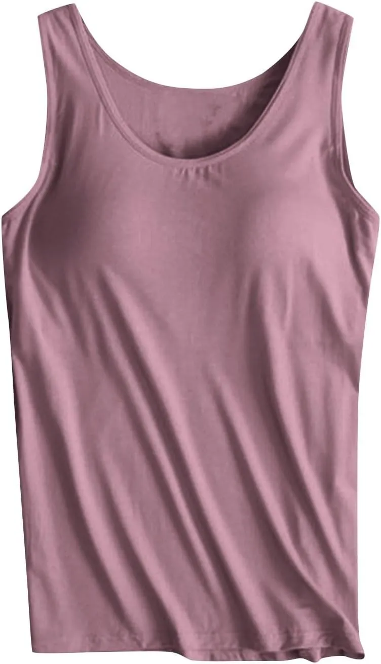 Fashion 2025 Built-in-Bra Tank Tops for Women Sleeveless Workout Yoga Undershirts Casual Comfy Basic Tees