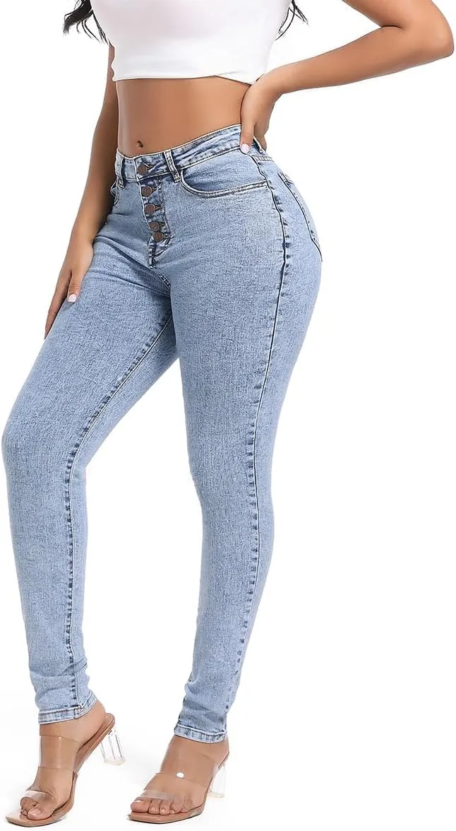 FISCLOSIN Womens High Waist Stretch Jeans 5 Button Push Up Butt Lifting Skinny Colombian Jeans