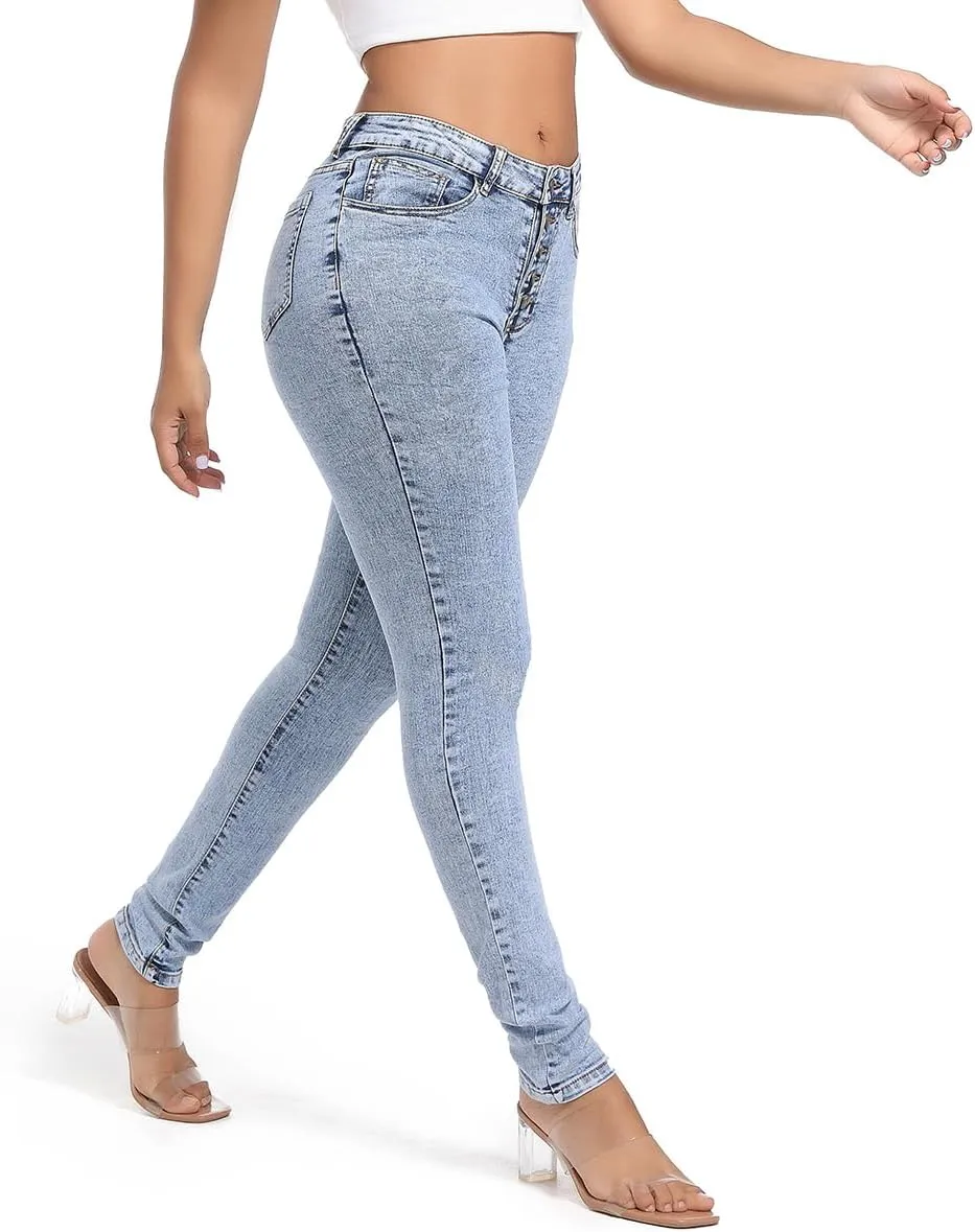 FISCLOSIN Womens High Waist Stretch Jeans 5 Button Push Up Butt Lifting Skinny Colombian Jeans
