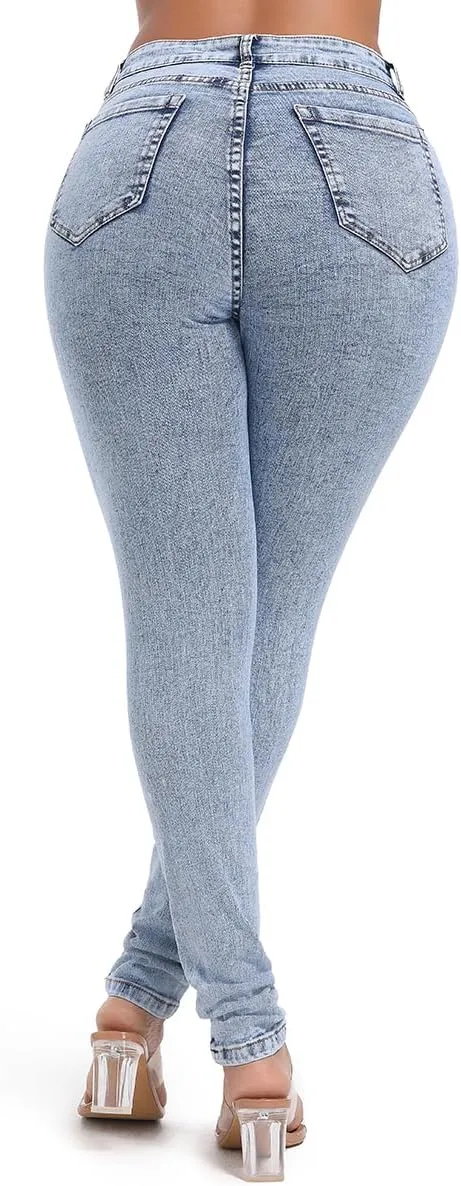 FISCLOSIN Womens High Waist Stretch Jeans 5 Button Push Up Butt Lifting Skinny Colombian Jeans