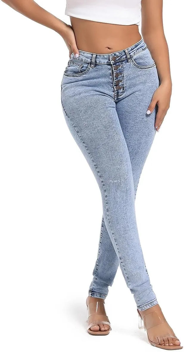 FISCLOSIN Womens High Waist Stretch Jeans 5 Button Push Up Butt Lifting Skinny Colombian Jeans