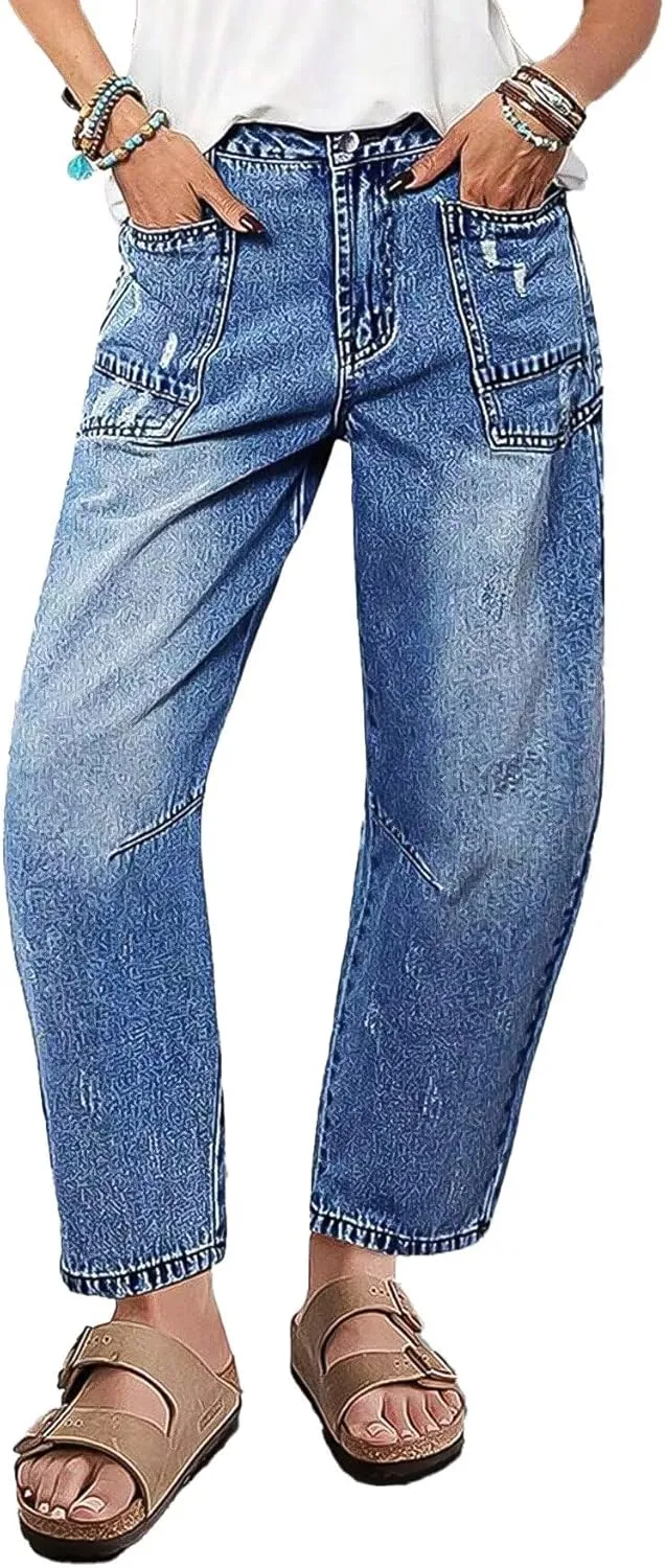 Flamingals Barrel Jeans for Women Trendy Mid Rise Stretchy Ripped Baggy Jeans Wash Flap Pocket 90s Casual Ankle Pants