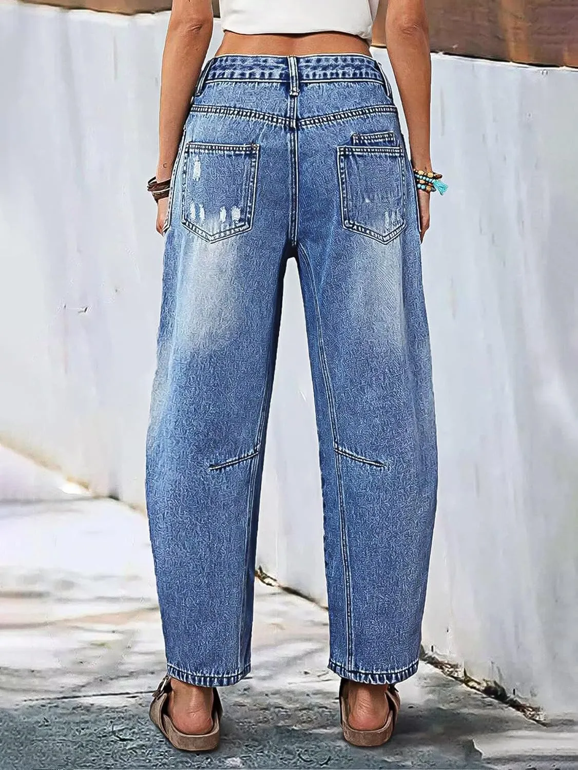 Flamingals Barrel Jeans for Women Trendy Mid Rise Stretchy Ripped Baggy Jeans Wash Flap Pocket 90s Casual Ankle Pants