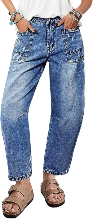 Flamingals Barrel Jeans for Women Trendy Mid Rise Stretchy Ripped Baggy Jeans Wash Flap Pocket 90s Casual Ankle Pants