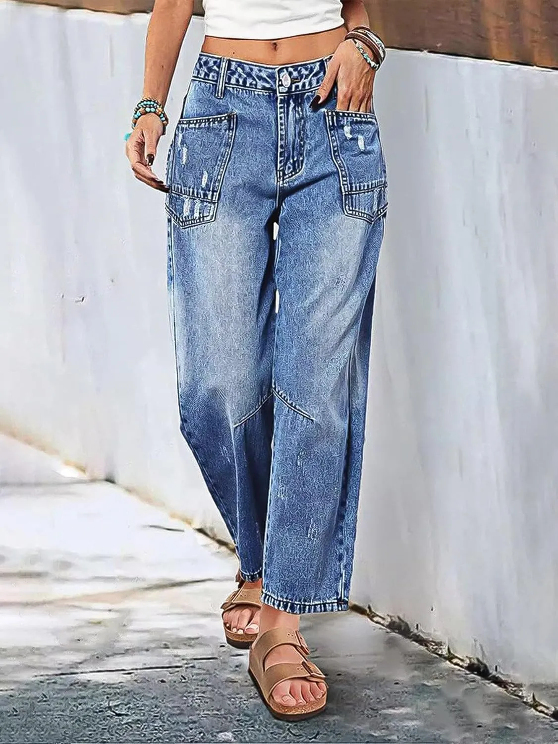 Flamingals Barrel Jeans for Women Trendy Mid Rise Stretchy Ripped Baggy Jeans Wash Flap Pocket 90s Casual Ankle Pants