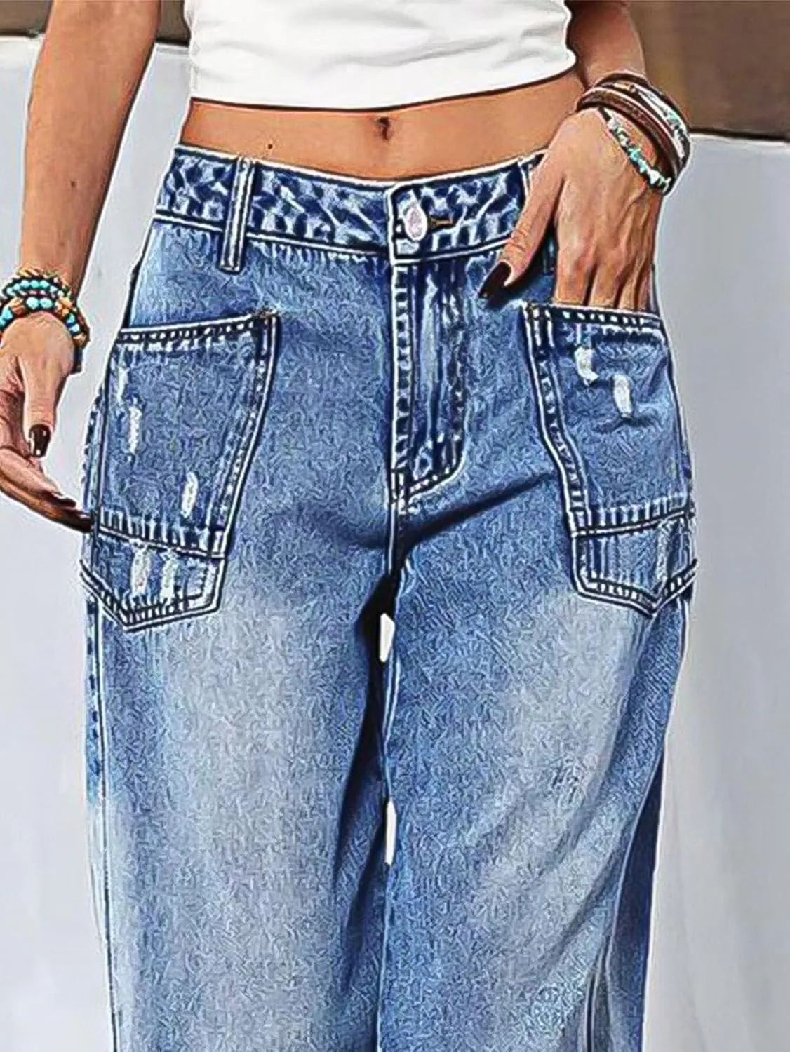 Flamingals Barrel Jeans for Women Trendy Mid Rise Stretchy Ripped Baggy Jeans Wash Flap Pocket 90s Casual Ankle Pants