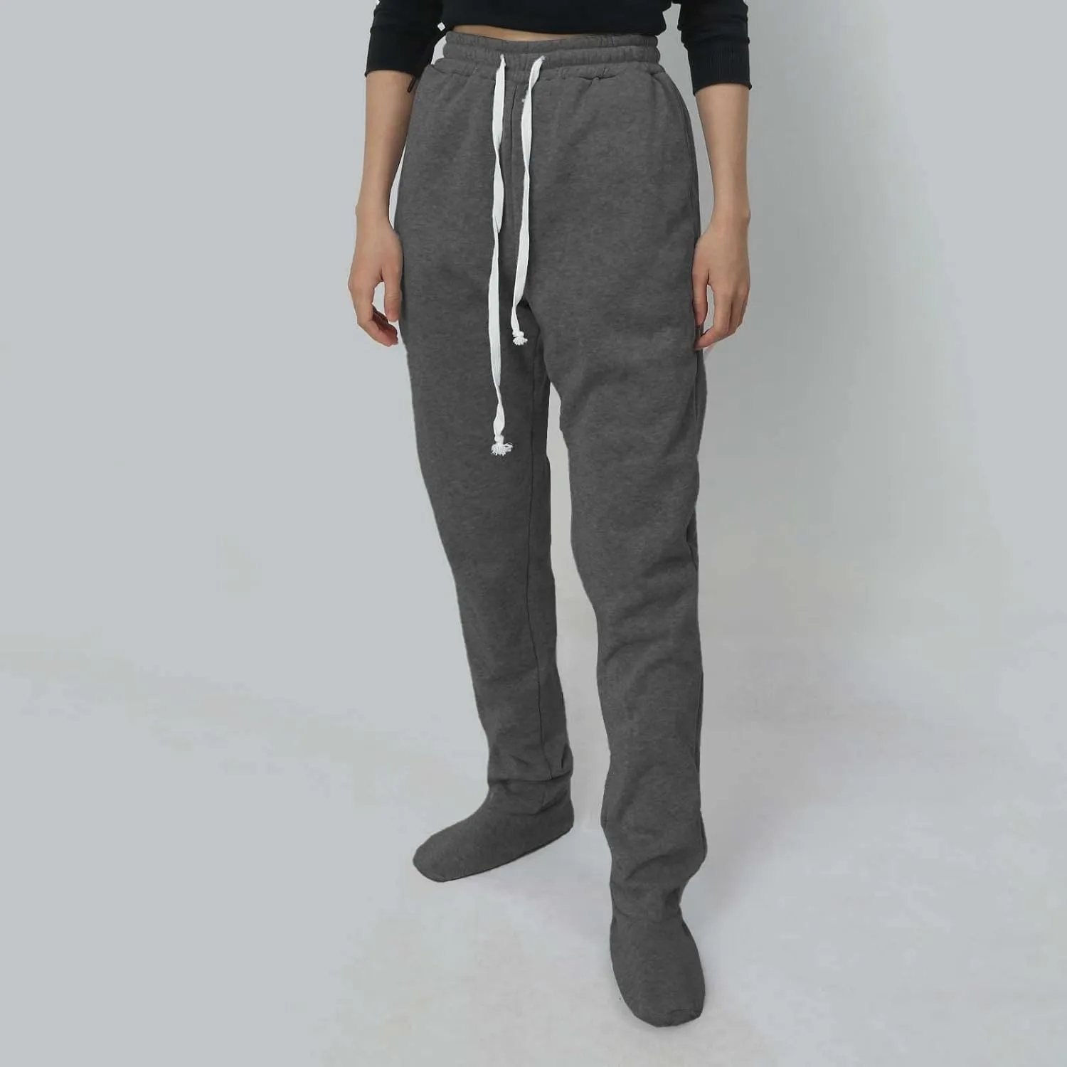 Fleece Footed Pajamas for Women Winter Soft Warm Elastic Waist Casual Sweatpants Loose Loungewear Trousers with Feet