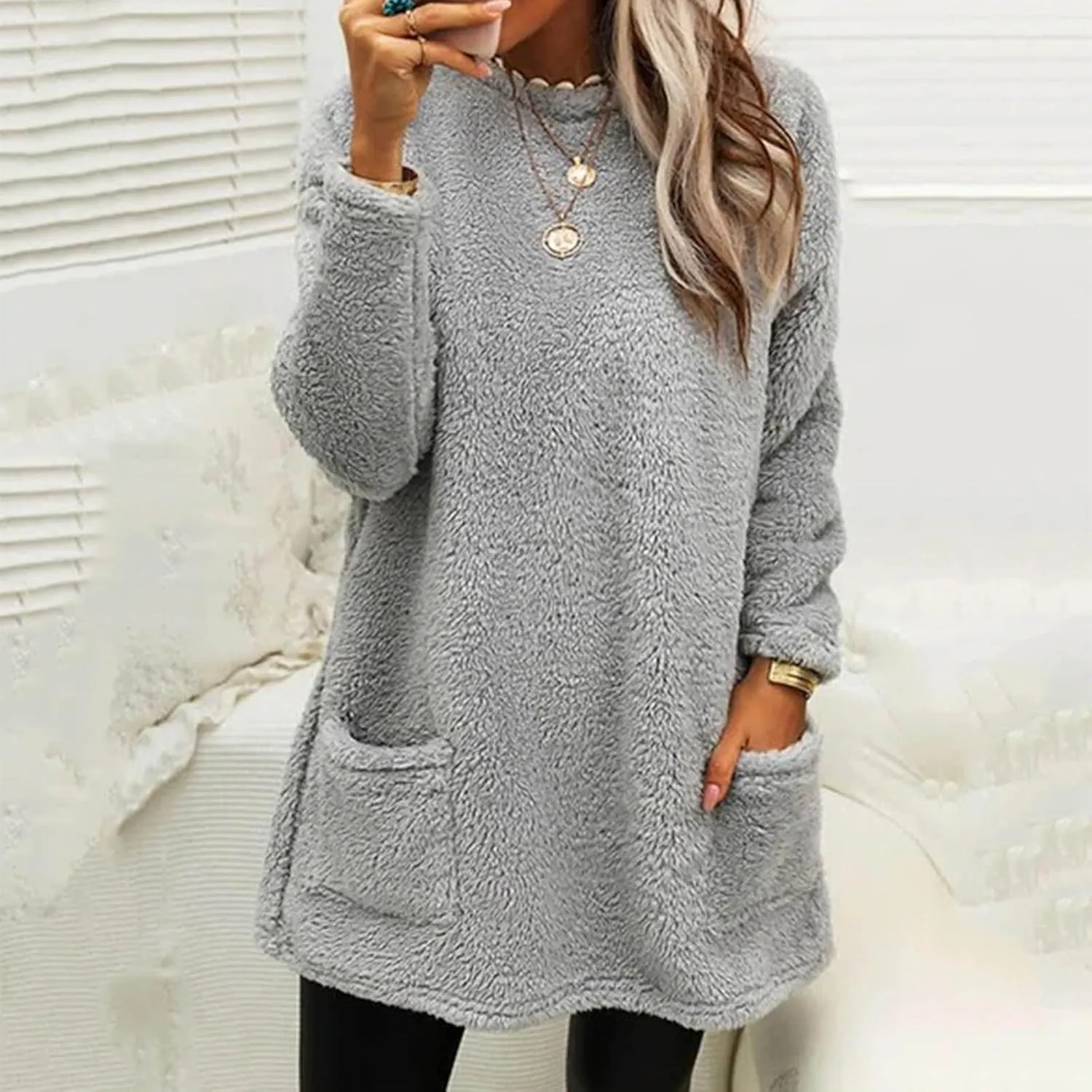 Fleece Pullover Women Sweaters Fuzzy Sherpa Long Sleeve Sweatshirt Crewneck Loungewear Tunics Tops with Pockets