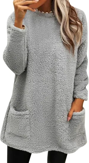 Fleece Pullover Women Sweaters Fuzzy Sherpa Long Sleeve Sweatshirt Crewneck Loungewear Tunics Tops with Pockets