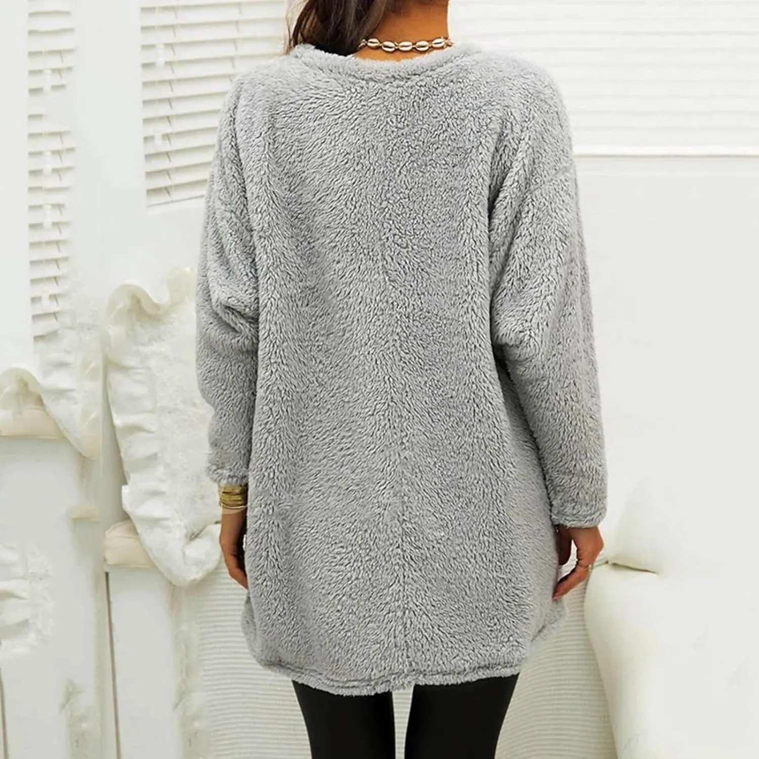 Fleece Pullover Women Sweaters Fuzzy Sherpa Long Sleeve Sweatshirt Crewneck Loungewear Tunics Tops with Pockets