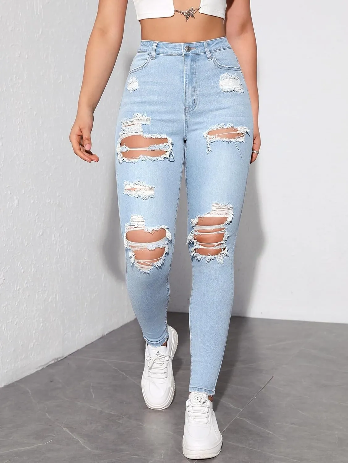 Floerns Women's Stretchy Ripped Skinny High Waist Denim Jeans with Pockets