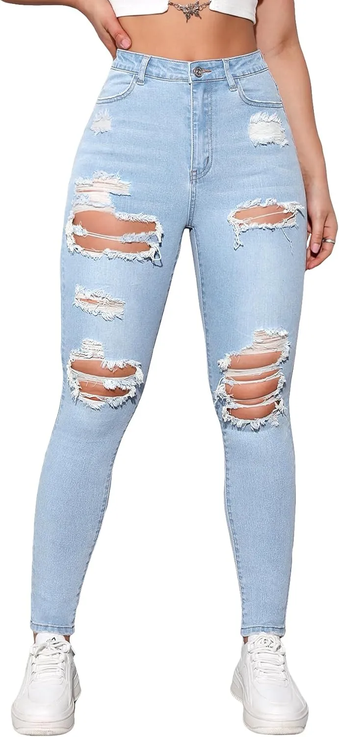 Floerns Women's Stretchy Ripped Skinny High Waist Denim Jeans with Pockets