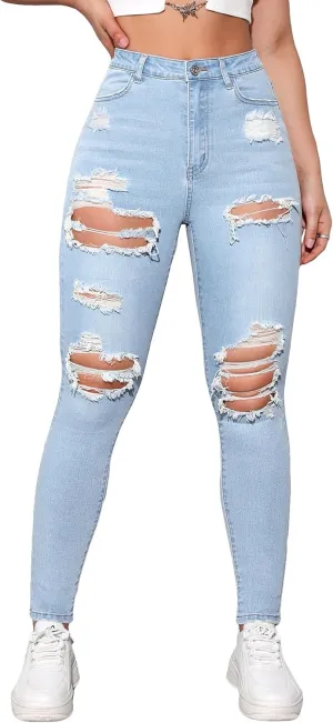 Floerns Women's Stretchy Ripped Skinny High Waist Denim Jeans with Pockets