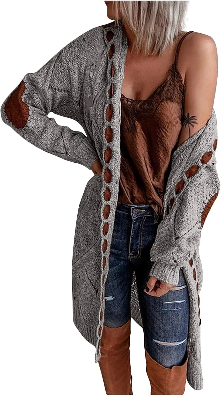 FMCHICO Long Sleeve Cable Knit Long Cardigan for Women Fall Winter Open Front Sweaters